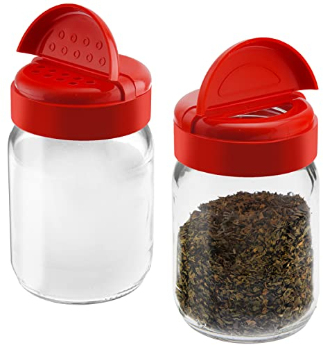 Gewürzstreuer für Salz und Pfeffer, Parmesan, Käse, Gewürzstreuer, mit Doppelklappen-Deckel, perforiert und Ausgießer, 170 ml, Glas-Gewürzstreuer – 2 Stück, Rot