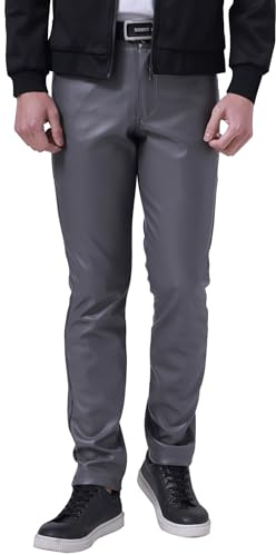 FEOYA Pantalones de cuero ajustados elásticos para hombre con aspecto mojado en lápiz de piel sintética PU, pantalones de pierna recta de cintura media para motocicleta, motociclista, baile, bar