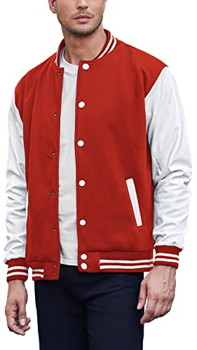 COOFANDY Modische Herren-Jacke, Lederärmel, schmale Passform, College, Baseball, Letterman, Bombermantel, Rot-weiße Ärmel, XXL