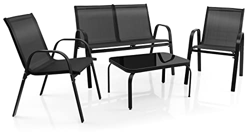 COSTWAY Ensemble Salon de Jardin 4 Pièces en Acier, 2 Fauteuils, 1 Canapé et 1 Table Basse en Verre, pour Jardin,Terrasse, Piscine, Patio, Balcon, en Tissu, Gris
