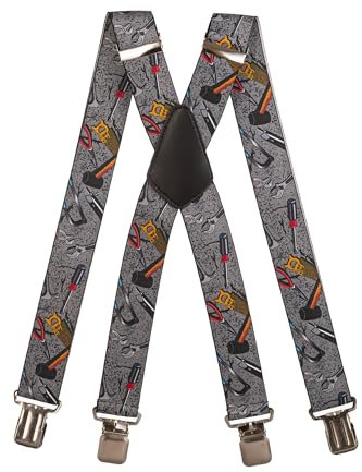 Olata Hosenträger mit Werkzeug-Muster – Robuste, Verstellbare X- und Y-Form, 5 cm Breit, Ideal für Arbeit und Alltag. Grau, X-Form - 5 cm