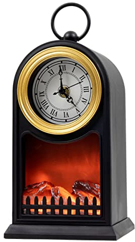 LED Flammen Effekt Kamin mit Uhr - 25 cm - Deko Elektrokamin mit Timer - Künstliches Feuer mit USB Anschluss und Batterie betrieben
