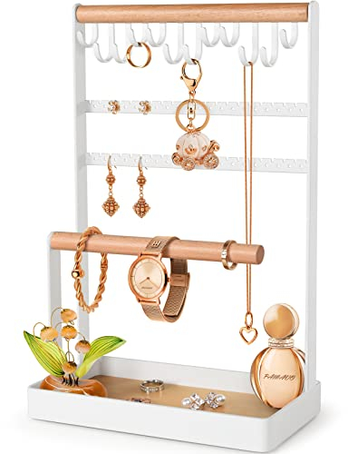 PAMANO Jewelry Organizer with Velvet Ring holder 12 Hooks Necklace Display, 5-Tier Jewellery Stand with Earring Holes Wooden Tray Bracelet Watches Dresser Storage