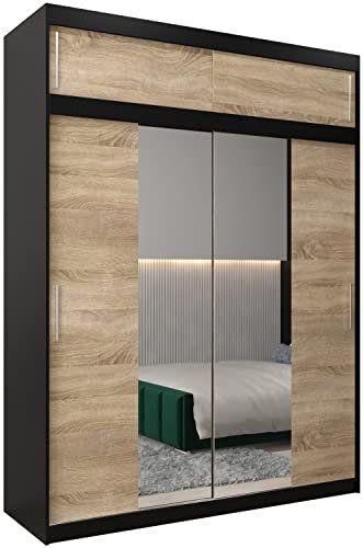 ABIKSMEBLE Tokyo 1 180 Armario de Dormitorios con Tres Puertas Correderas - Armario de Almacenamiento Moderno con Espejo, Perchero y Estantes - 180x240x62 cm - Negro Mate + Sonoma con Extensión