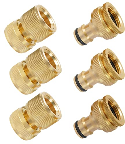 Conector de Manguera de Latón, 6 Piezas Adaptador Manguera Jardin, 2 en 1 Adaptador Manguera Grifo de Latón 1/2 y 3/4, Adaptador para Grifo con Rosca, para Lavado de Coches, Jardinería, Grifo