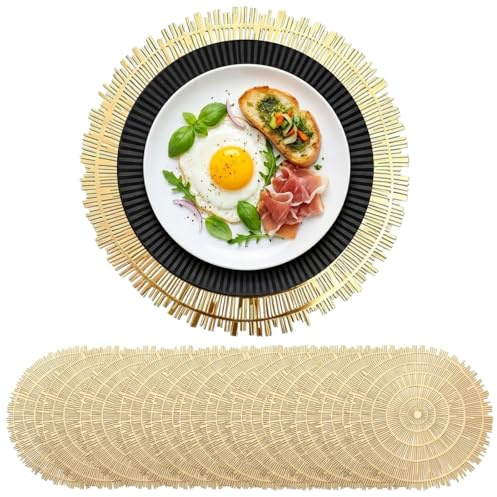 Pumtus 12 Pack 38cm Gold Round Placemats, Pressed Vinyl Metallic Place Mat, Non-Slip Hollow Out Dinning Table Mats for Table Decor, Wedding Accent Centerpiece, Christmas, Kitchen Decoration