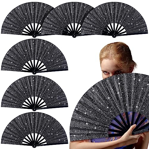 Thyle Large Glitter Fan Rave Fans Bulk Vintage Retro Chinese Kung Fu Folding Fan Handheld Summer Fan for Women Men Edm Club Party Performance Decoration(6 Pcs)