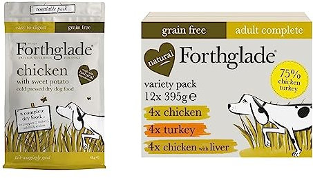 Forthglade Complete Natural Dry Dog Food - Grain Free Chicken with sweet potato with vegetables (6kg) Adult & Senior Dogs & Complete Natural Wet Dog Food - Variety Pack (12 x 395g) Trays