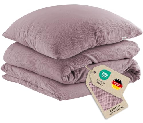 Pure Label Musselin Bettwäsche 155x220+40x80 cm 100% Baumwolle - Mauve | Traumhaft weiche, kuschelige Bettwäsche-Sets aus Musselin - 40° Waschbar