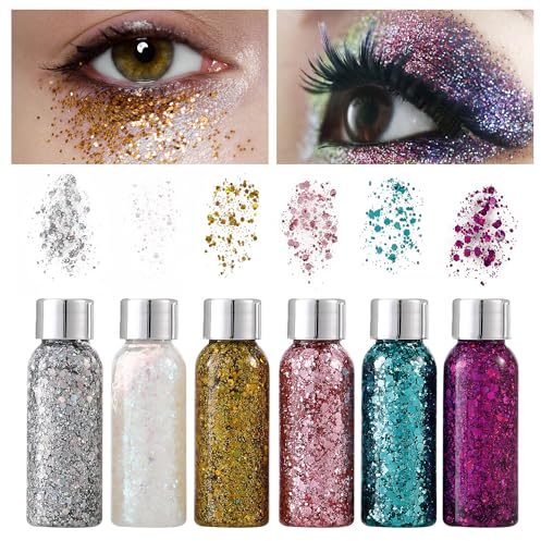 6 Bottle Body Glitter gel, geeignet für Gesicht, Nägel, Haar-Make-up, Geburtstagsfeier, Abschlussball, Weihnachts-Körperdekoration mehrfarbig