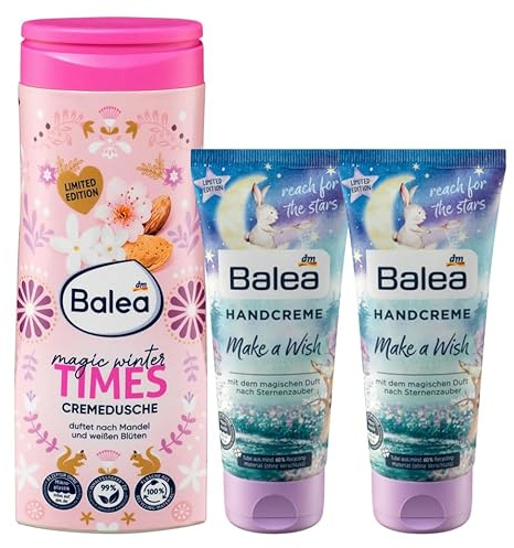 Balea 3er-Set Körperpflege: Duschgel Magic Winter Times Cremedusche für empfindliche Haut Mandel-Duft, 300 ml + Handcreme Make a Wish Feuchtigkeit Geschmeidigkeit für trockene Hände, 2 × 100ml (500ml)