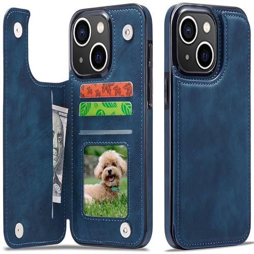Sibada Multi-Funktionen Retro Leder Magnetic Kartenhalter Handyhülle für iPhone 15 Klappbar mit Card Slot Snap RFID Kartenhalter Ständer Schutzhülle Kartenhüllen - Marineblau