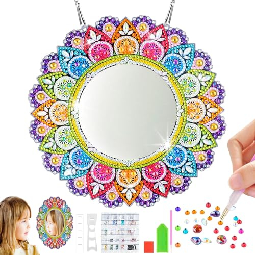 Diamond Painting Spiegel Bastelset Kinder,5D Mandala Kosmetik Spiegel,DIY Basteln Mädchen 6 7 8 9 10 11 12 Jahre,Geschenk Mädchen Geburtstagsgeschenk Spielzeug