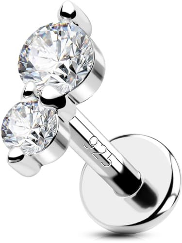 OUFER 925 Sterling Silver Helix Piercing Jewellery 16G 6 mm Conch Tragus Flat Back Cartilage Earring Internally Threaded CZ Upper Top Lower Ear Ring Nose Studs Women Men