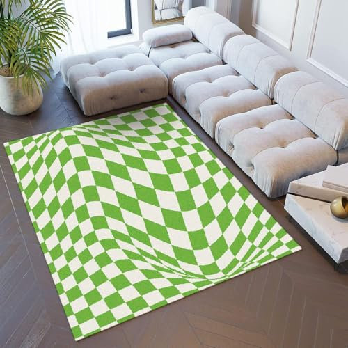 DAXONA Grün Karierte Teppiche, 3D-geometrische Illusion, Dekor-Teppich für Schlafzimmer und Wohnzimmer, rutschfeste, weiche, rechteckige Fußmatten aus Flanell, waschbar, für Zuhause, 60 x 90 cm