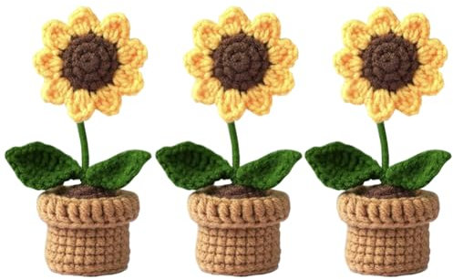 YANGSHINE 3 mini fiori artificiali in vaso fatti a mano all'uncinetto, girasole lavorati a mano, per affinare, ufficio, auto, cruscotto, colore #6