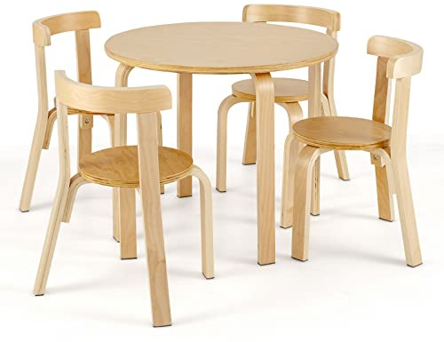 COSTWAY 5-Piece Kids Table and Chair Set, Children Wooden Activity Table with 4 Curved Back Chairs, Toddler Home Playroom Classroom Daycare Furniture for Playing, Drawing, Reading (Natural)