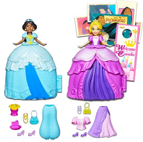 Disney Prinzessinnen-Mode-Überraschungspuppen-Set – Bündel mit Disney Prinzessin Jasmin und Rapunzel Puppen plus Zubehör, Aufklebern, mehr | Disney Prinzessinnen-Spielzeug für Mädchen