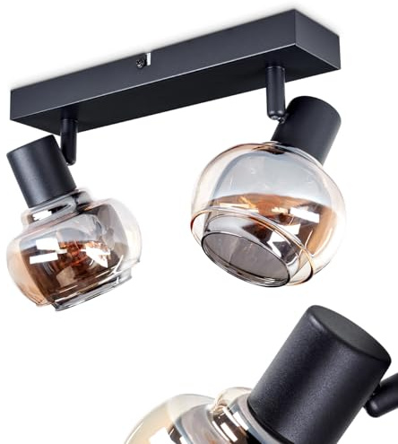 HOFSTEIN Deckenleuchte Cevio, verstellbare Deckenlampe aus Metall/Glas in Schwarz/Rauch-/Bernsteinfarben, Leuchte im Vintage-Design (Ø Schirme 15 cm), 2xE14, Schlafzimmer, Wohnzimmer, Küche, Esszimmer