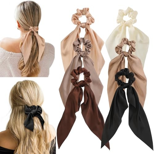 6 PCS Bow Silk Scrunchies, Hair Ties with Bows, Hair Scarf Scrunchies