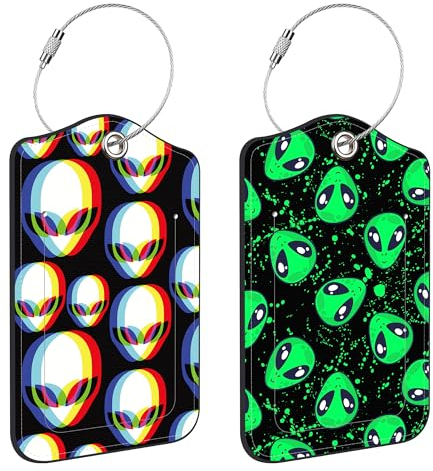 Neidius Gepäckanhänger für Koffer, Alien-Mode, PU-Leder, Gepäckanhänger mit Edelstahlschlaufe, Sichtschutz, ID-Adress-Etiketten, Reisekofferanhänger für Erwachsene, 2 Stück