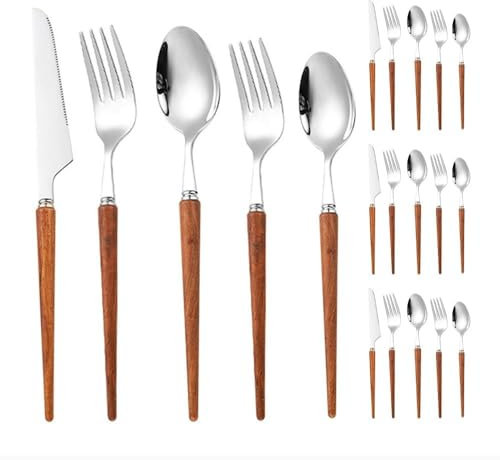Royal Shang Youpin Mango De Madera Cocina Acero Inoxidable Cubiertos Vajilla Cubiertos Cubiertos Cuchillos Tenedores Cucharas Set (madera de rosa,20 piezas)