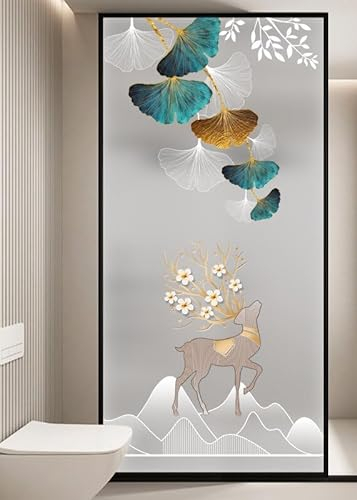 Fensterfolie Nordic Leaf Hirsch Fensterfolie Blickdicht Sichtschutzfolie Fenster Anti-UV Fensterfolie Sichtschutz Klebefolie Fenster für Zuhause Büro Milchglasfolie (40x100cm)