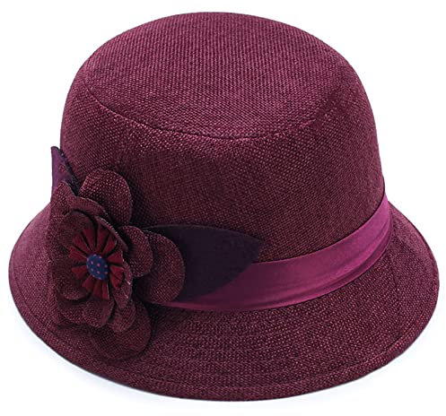 Fleece Hut Damen Leinen-Sonnenschutzhut für Damen, Sonnenschutz, atmungsaktiv, große, Prinzessin, Strohhut Lammfell Mütze Damen (Wine, One Size)
