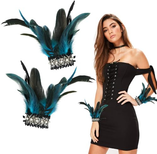 Feder Manschetten Blau, Gothic Federn Armbänder, Federn Kostüm, Federarmband, Federn Accessoires für Halloween Fasching Karneval Cosplay Dress Up Party