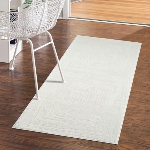 carpet city Teppich Kurzflor Flur - Creme - 80x300 cm Läufer - Meliert, Geo-Muster - 3D-Effekt - Moderne Teppiche Flachflor Schlafzimmer, Korridor, Diele