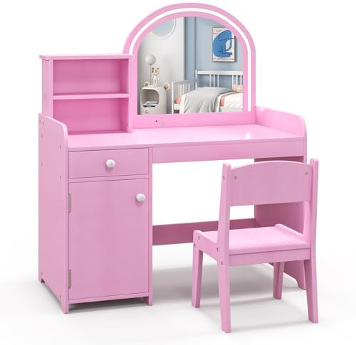 RELAX4LIFE Toeletta Trucco per Bambina con Luci LED, 2 Colori, Specchiera Trucco con Sgabello, Mensole e Cassetto, Toeletta in Legno, per Bambini 3+ Anni (Rosa, L)