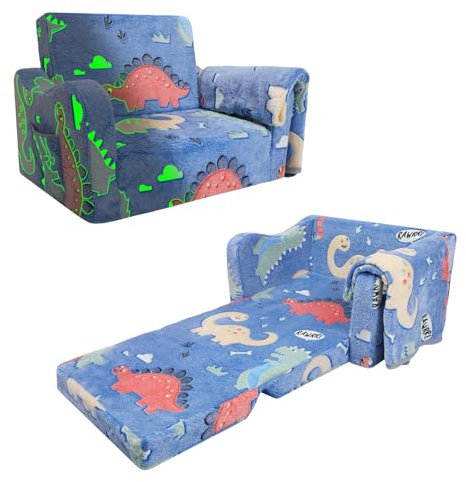 Kindersofa Ausklappbar mit Decke,2 in 1 Schlafsofa Kindersessel für Mädchen und Jungen,Leuchtendes Kinder Couch für Schlafzimmer Spielzimmer Kinderzimmer,Geschenk zum Geburtstag-Dinosaurier