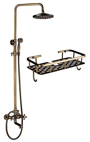 Duschsystem , Wasserhähne 8-Zoll-Badezimmer-Duscharmatur-Set aus antikem Messing, wandmontierte Wannenmischbatterie mit Ablageflächen, Duscharmatur aus gebürstetem Gold, Regenduschkopf, Handbrause mit