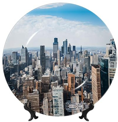 ESNAIUVCD Assiette décorative en porcelaine anglaise imprimée de New York - Assiettes rondes imprimées avec présentoir