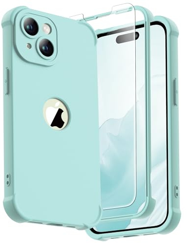 ORETECH Coque pour iPhone 15 Plus + 2 Pièces Verre Trempé Protection écran, Antichoc Souple Silicone TPU Arrière Rigide PC Avant Housse de Protection pour iPhone 15 Plus Case 6,7 Vert Menthe
