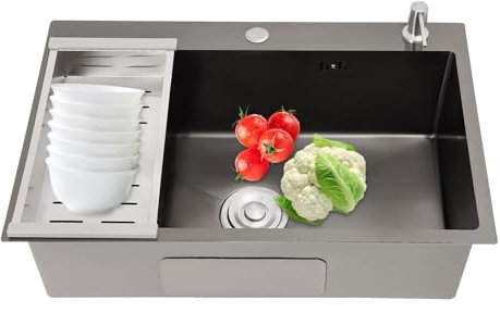 Fregadero de acero inoxidable cuadrado empotrable o bajo encimera con escurridor, dispensador de jabón, fregadero de balcón, fregadero con filtro de desagüe para cocinas de acero inoxidable,