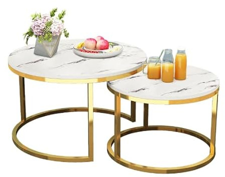 Lot de 2 tables basses rondes gigognes de 70 + 50 cm, tables d'appoint avec plateau en faux marbre et cadre en métal, peu encombrantes, modernes, pour salon, chambre à coucher, balcon (grain de marbre