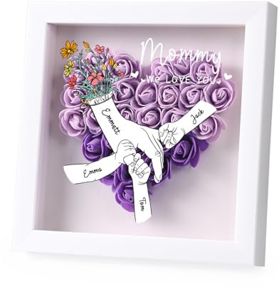 Dacomfy Boîte à Fleurs Personnalisée pour Maman avec 2 à 8 Prénoms, Boîte à Fleurs Séchées en Forme de Cœur, Cadeau de Fête des Mères