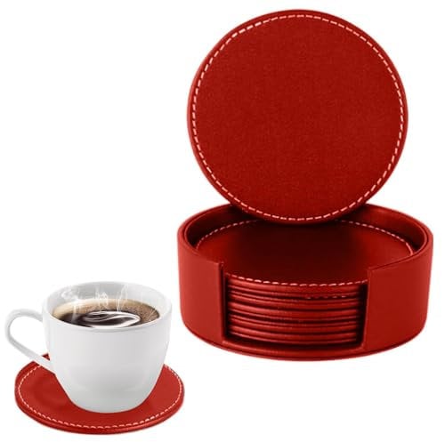 Red Leather Coasters Set of 6 – Premium PU Leather Drink Holders, Square Cup Mats with Holder, Non-Slip, Anti-Heat Protection for Glasses, Mugs, and Cups, Ideal for Home & Office