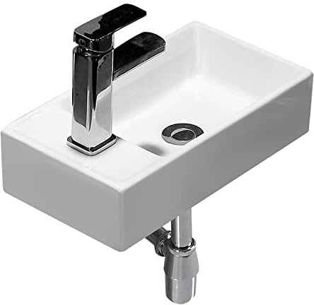 Lavabo Baño Lavabo de baño de porcelana blanca, lavabo suspendido, lavabo pequeño for guardarropa, lavabo rectangular de cerámica con grifo y desagüe Lavamanos Baño(Left)
