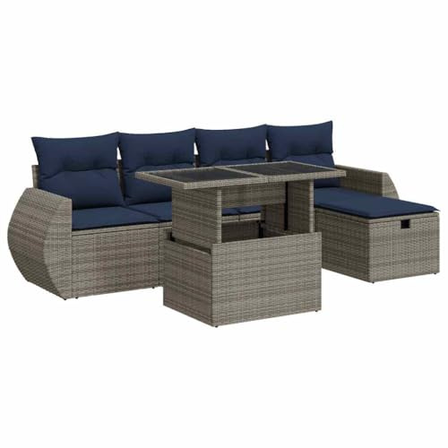 vidaXL 6 Piece Garden Sofa Set with Cushions Grey Poly Rattan Acacia, outdoor sofa set, garden lounge set
