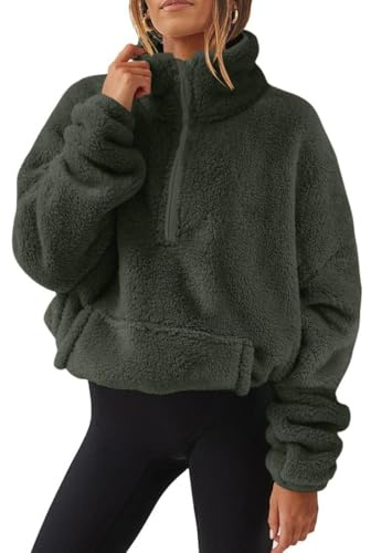 Joligiao Donna Felpe Senza Cappuccio Pile Termico Pullover Manica Lunga Felpe Donna con Zip Tasche Maglione Caldo Tops Invernali Sweatshirt Hoodie Eleganti Jumper Maglietta (Verde Militare,L)