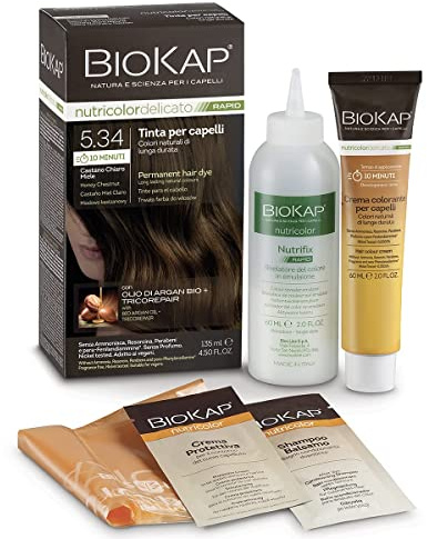 BIOKAP RAPID Permanente 2 x Haarfarbe 5.34 Honig Kastanienbraun | NUR 10 MINUTEN EINWIRKZEIT | Bio Arganöl - TricoREPAIR Komplex - VEGAN | Optimale Grauabdeckung | Bis zu 80% natürliche Inhaltsstoffe