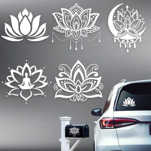 Hobbspring 5 Stück Lotus-Autosicker Lotus-Yoga-Vinylautosticker Sommerblumen-Kunststoff-Fahrzeugdekoration Aufkleber für Autofenster und Karosserie (15.5cmx14.8cm)