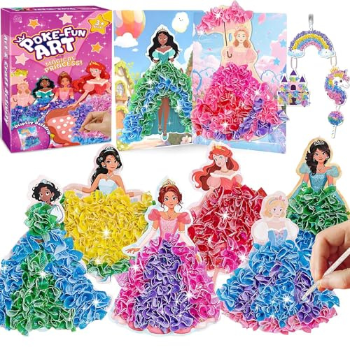 XongSyue Poke Art Bastelset Kinder, Geschenk Mädchen 4 5 6 7 8 Jahre | 8 Prinzessin 2 Hintergrundtafel DIY Kreativset, Schmutzfreie Basteln Mädchen ab 9 10 11 12 Jahre, Geschenke für Kinder