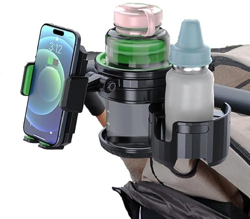 3-in-1-Kinderwagen-Becherhalter, Handyhalterung, Getränkehalter mit Handyhalterung für Walker, Rollstuhl, Kinderwagen, universeller Doppel-Getränkehalter, passend für die meisten Donna, Uppababy