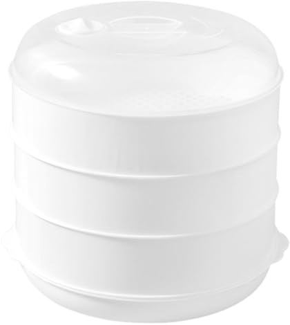 Besreey 3 Trays Microwave Steamer For Vegetables, 20.5x20.5x20.5cm Microwave Vegetable Steamer, Microwaves Steamers With Lid And Tray, Round Plastices Vegetable Steamers For Quick Cooking