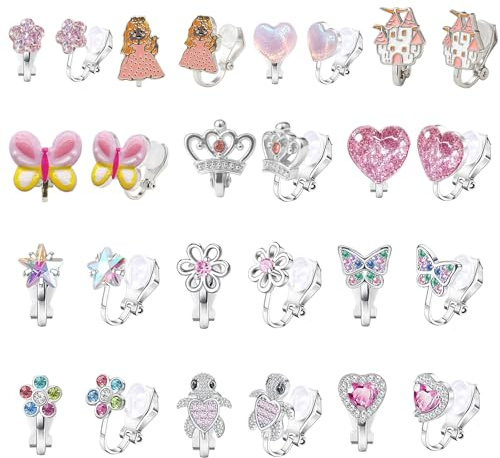 MUNSKT 13 paia di orecchini a clip per bambine – ipoallergenici disegni carini farfalla/arcobaleno/fiore/corona, orecchini a clip non forati per ragazze orecchini per ragazze vestire regali di