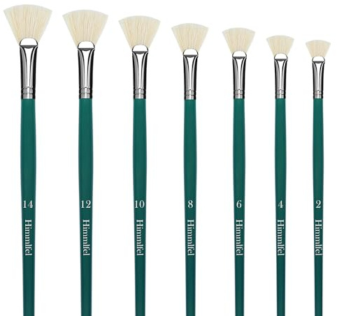 Himmlfel fan paint brush set, 7 pcs hog bristle fan paint brushes for oil, acrylic and gouache painting