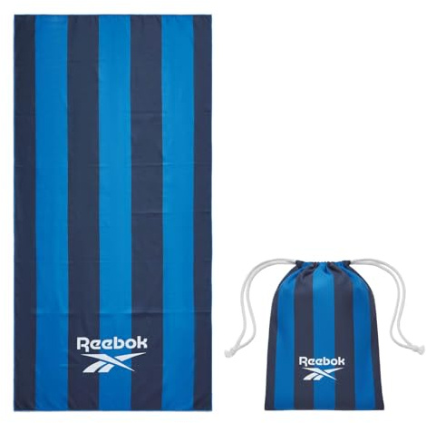 Reebok Mikrofaser Handtuch Strandtuch 90x180 cm | Sandfrei Schnelltrocknend Leicht Kompakt mit Tasche | Reisehandtuch Fitness Handtuch | Strandhandtuch Mikrofaser Navy Blau Streifen Design
